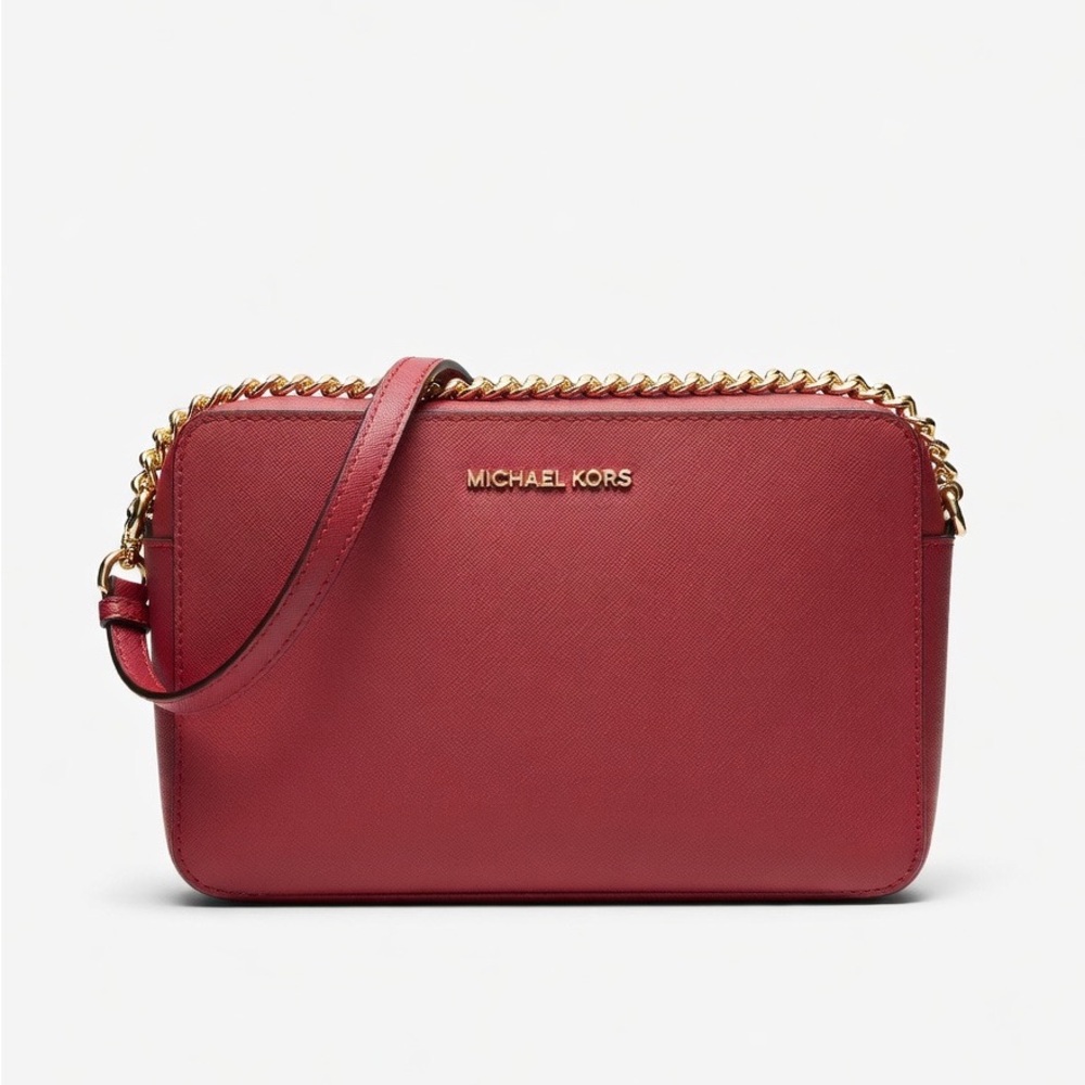 MICHEAL KORS Burgandy Pebbled Leather Crossbody Bag Gold Chain Strap
